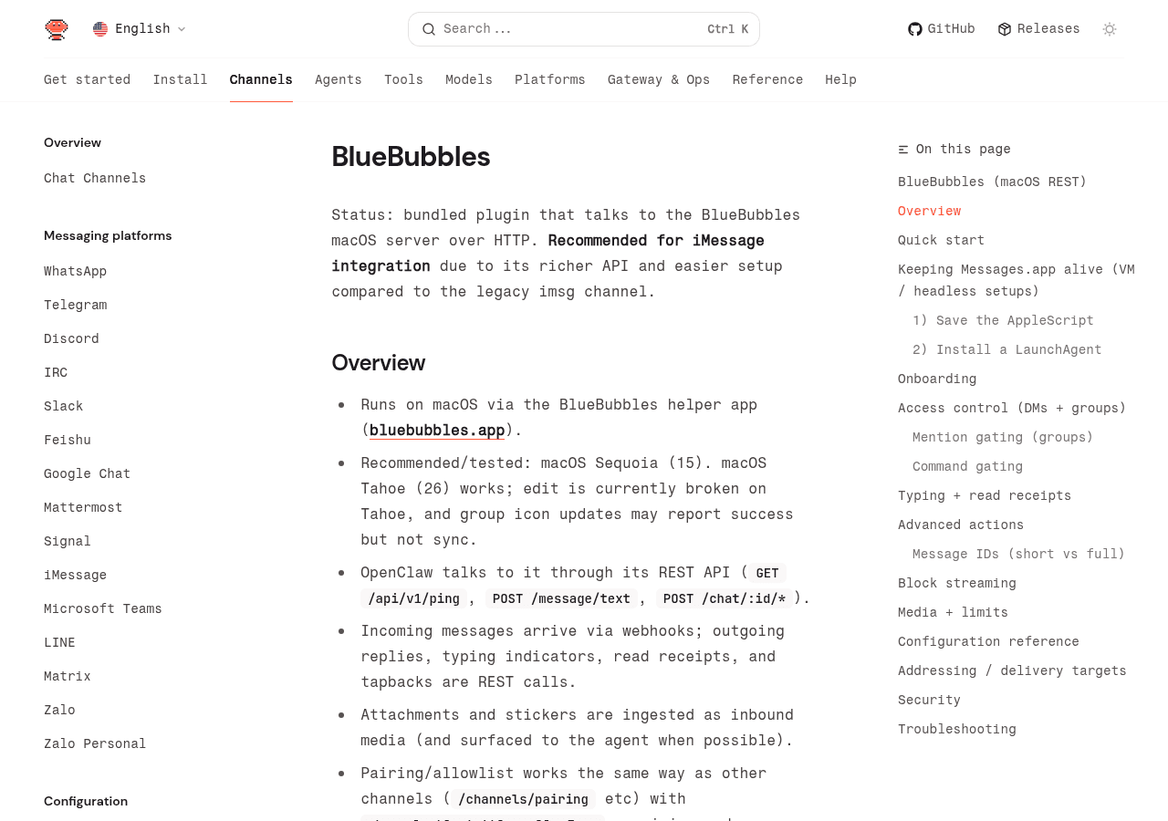 OpenClaw BlueBubbles channel documentation with troubleshooting reference