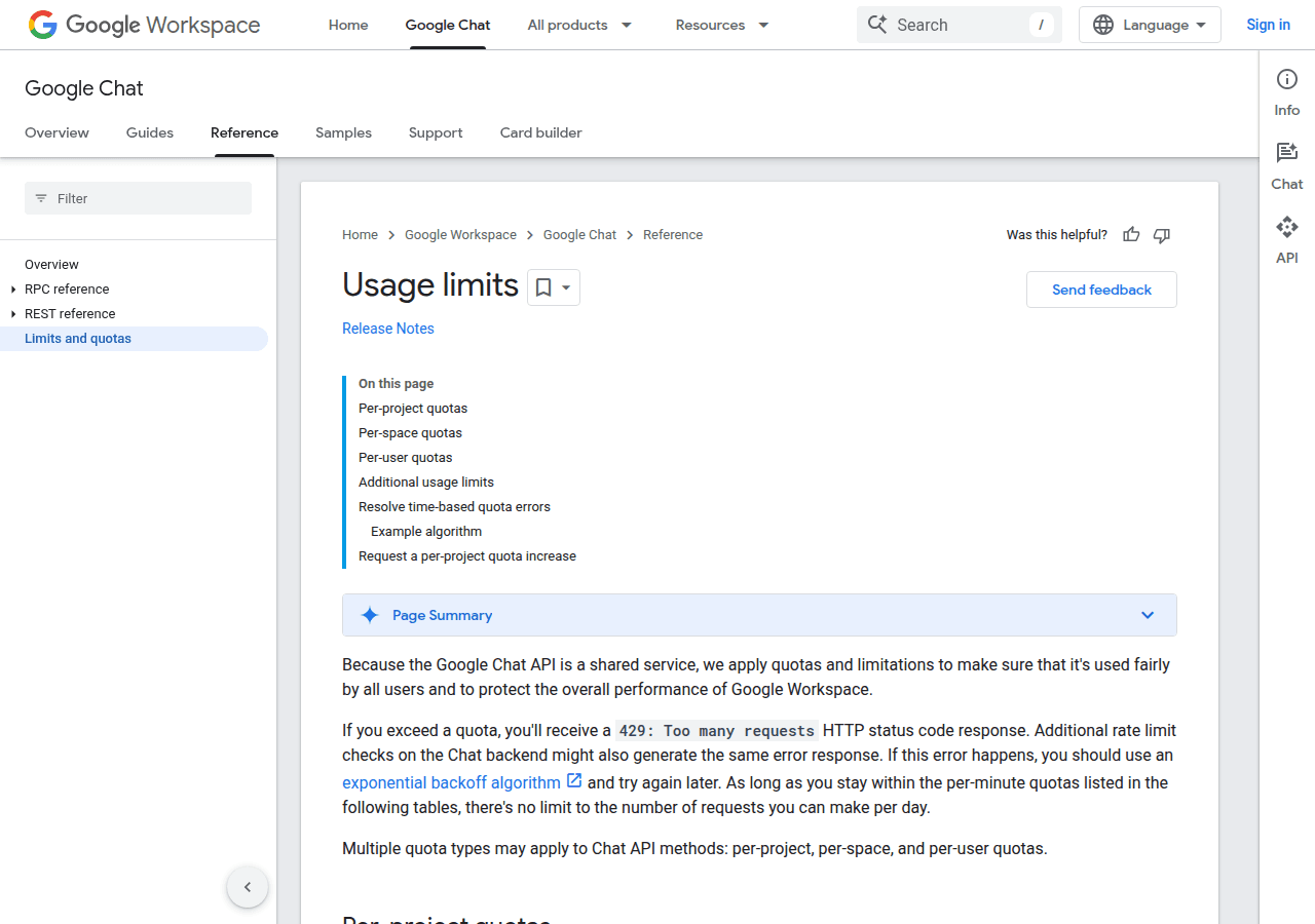 Google Chat API quota limits documentation page showing per-project rate limits