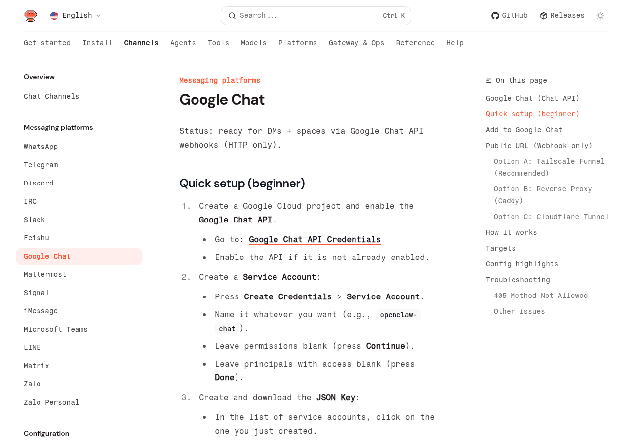 OpenClaw Google Chat documentation page with setup and troubleshooting reference