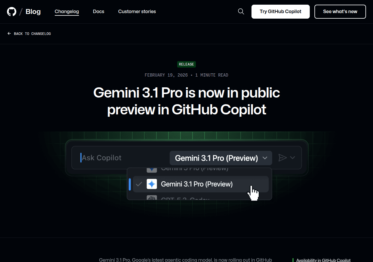 Gemini 3.1 Pro appearing in the GitHub Copilot model picker
