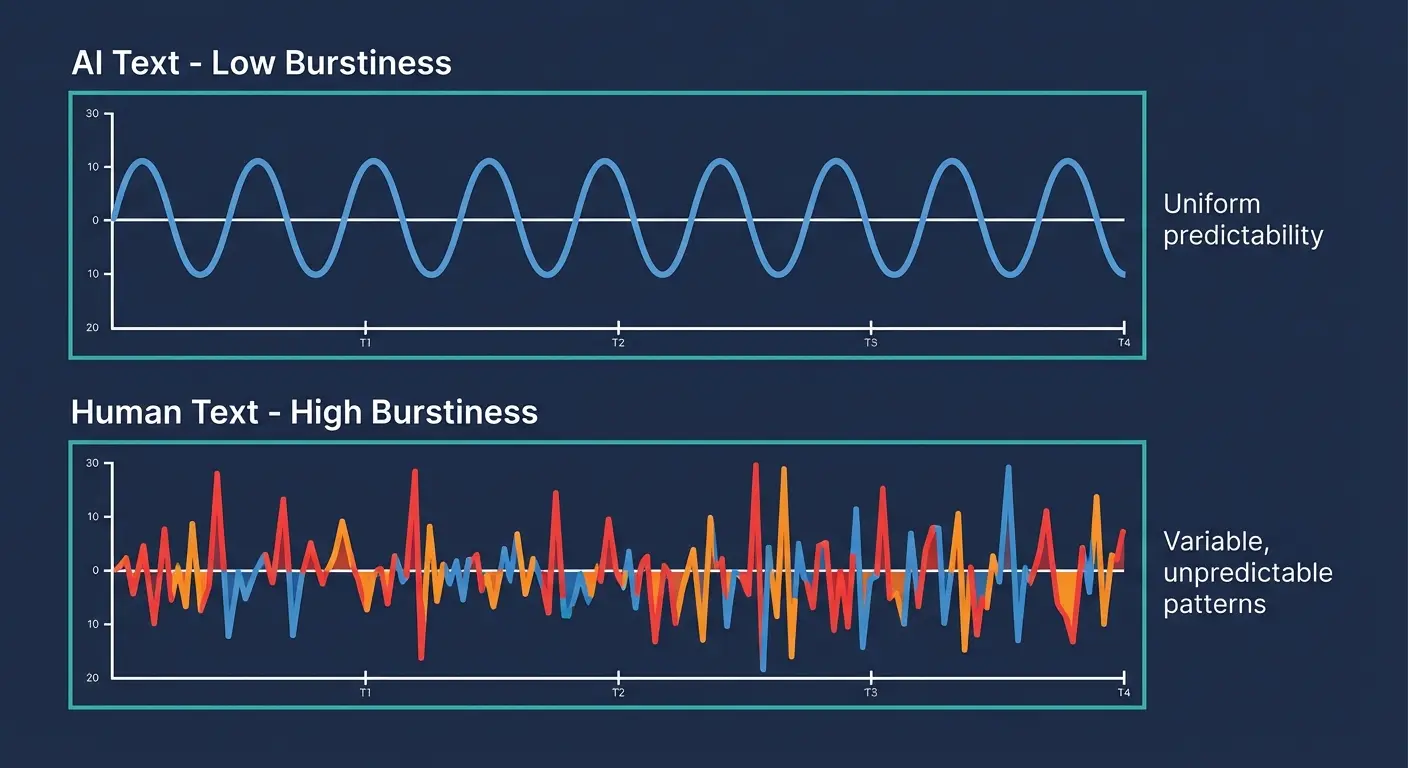 Waveform chart showing uniform AI text perplexity vs variable human text perplexity (burstiness)