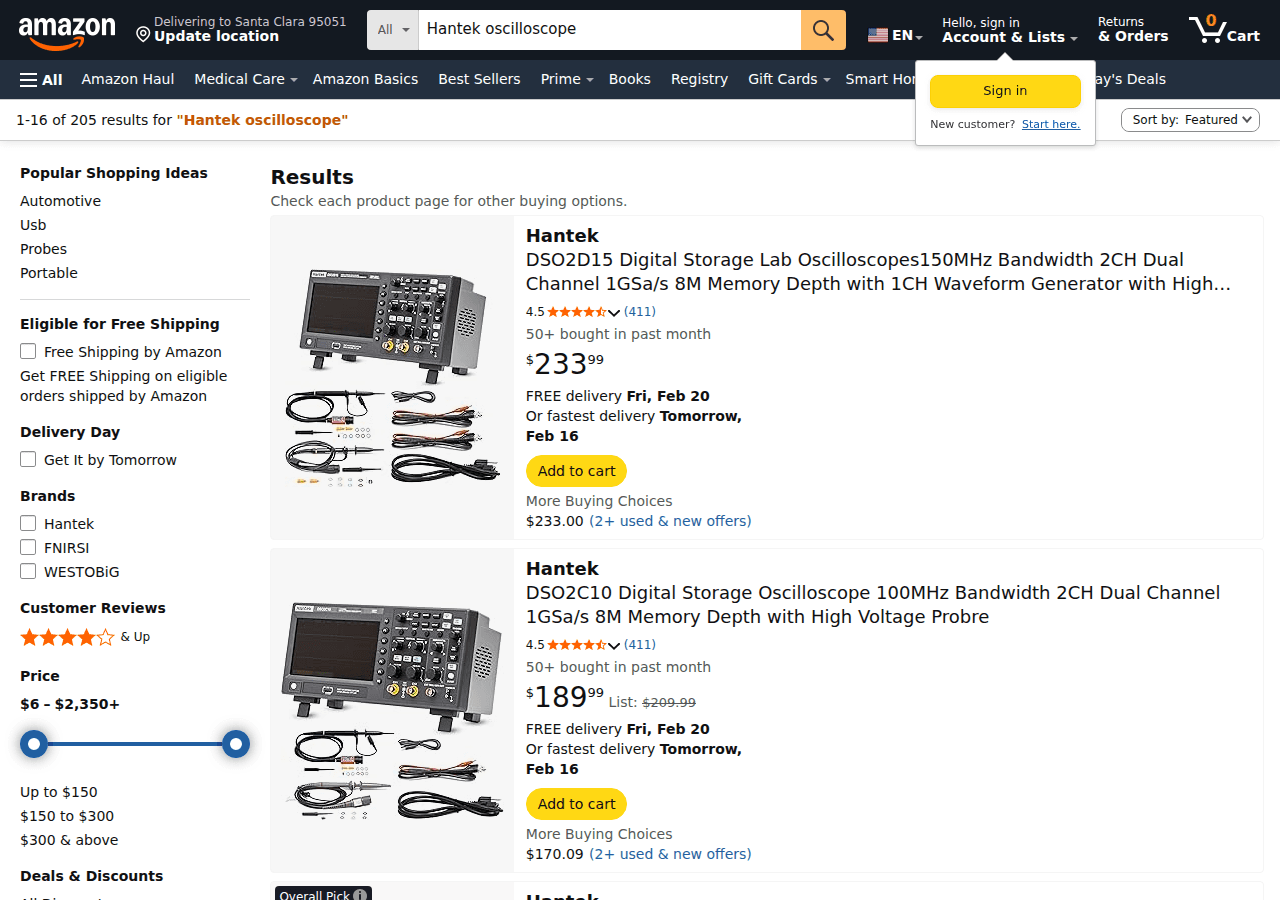 Hantek DSO5102P 100MHz bench oscilloscope with large 7-inch color display and front-panel controls