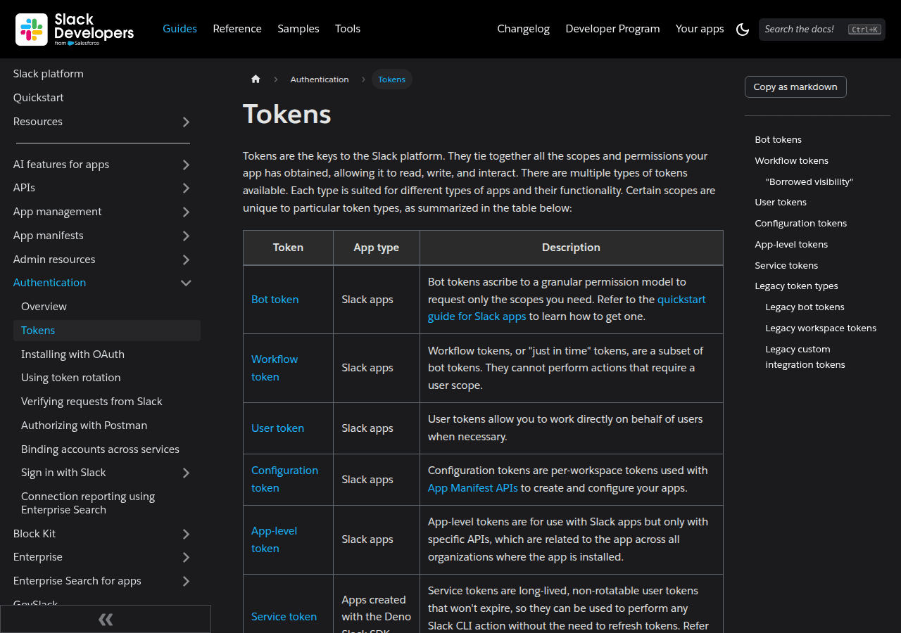 Slack documentation on bot token types showing the xoxb- bot token format