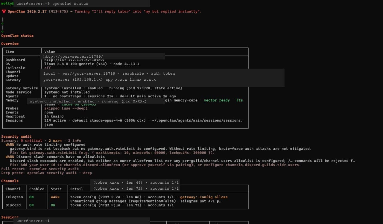 openclaw status output showing overview table with gateway health, channels table, and services status