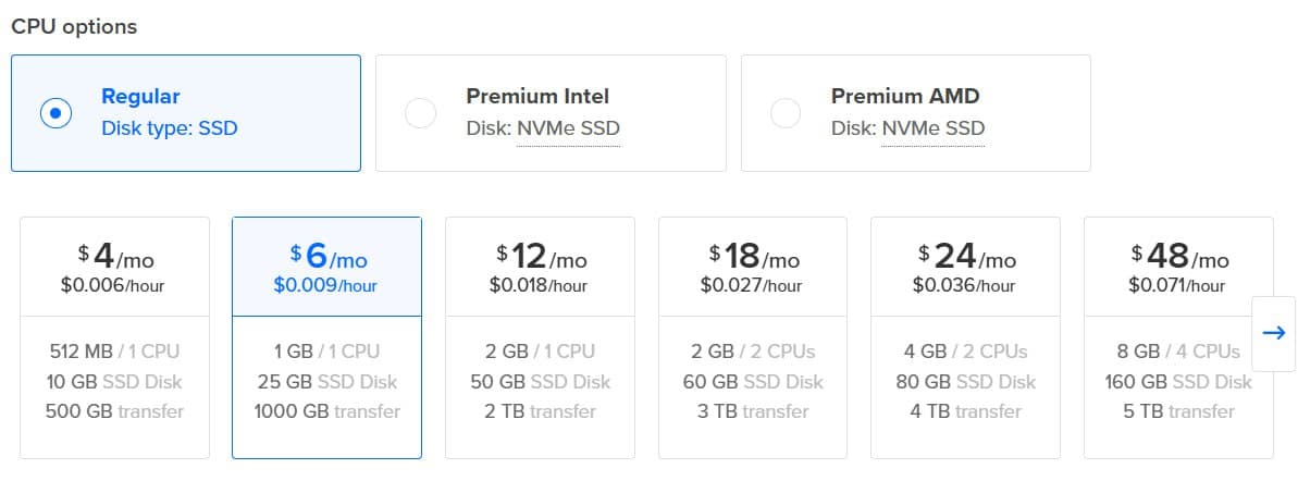DigitalOcean CPU options showing Regular SSD plans from $4 to $48 per month