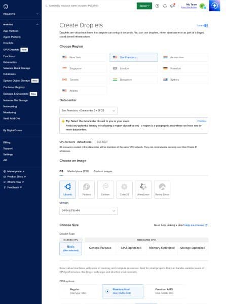 DigitalOcean droplet creation page with Ubuntu 24.04 and plan selection