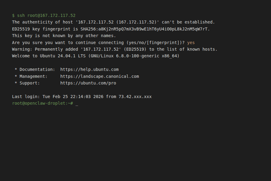 Terminal showing first SSH connection to a new droplet