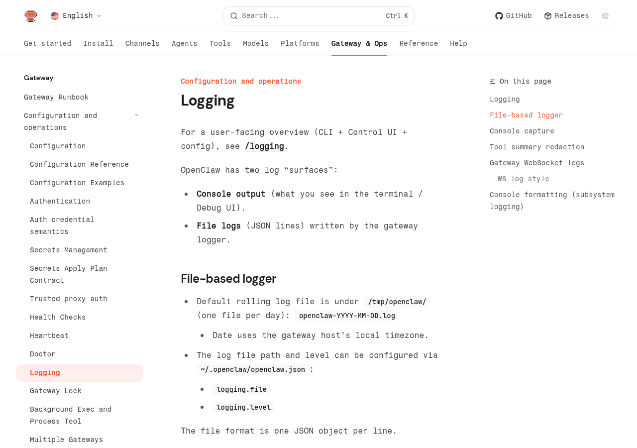 OpenClaw logging documentation page showing file-based logger configuration with logging.file and logging.level settings