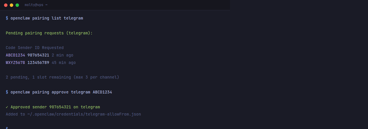 Terminal showing openclaw pairing list and approve commands