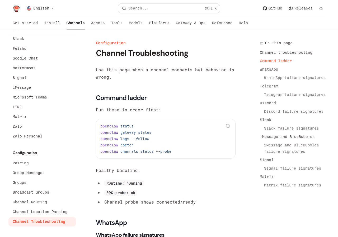 OpenClaw channel troubleshooting documentation showing the command ladder and per-channel failure signatures
