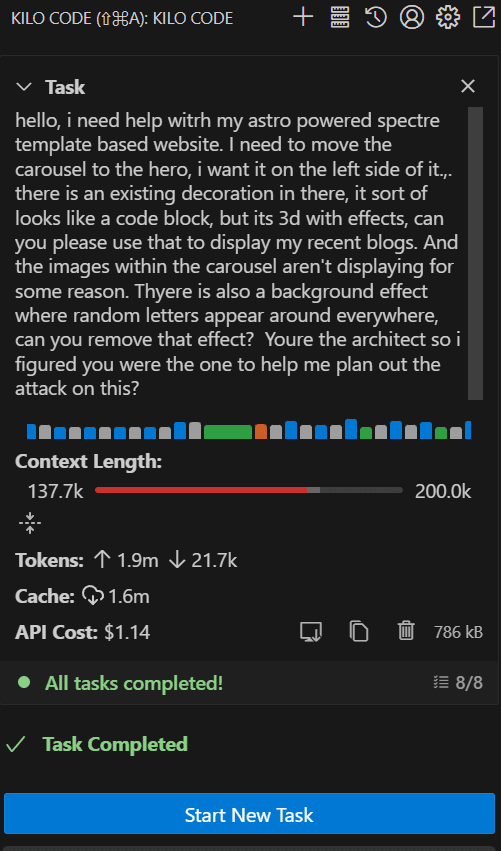 Kilo Code AI agent interface showing task completion