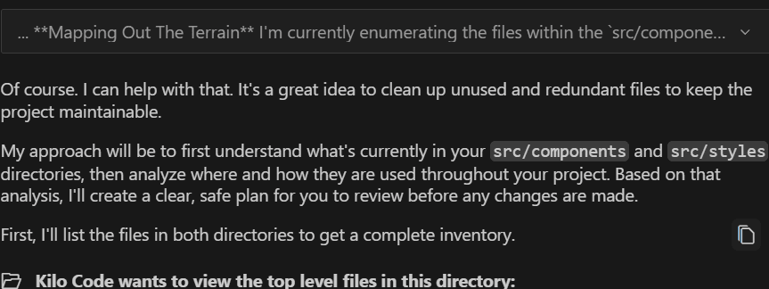 Kilo Code AI outlining its website overhaul plan in a chat window