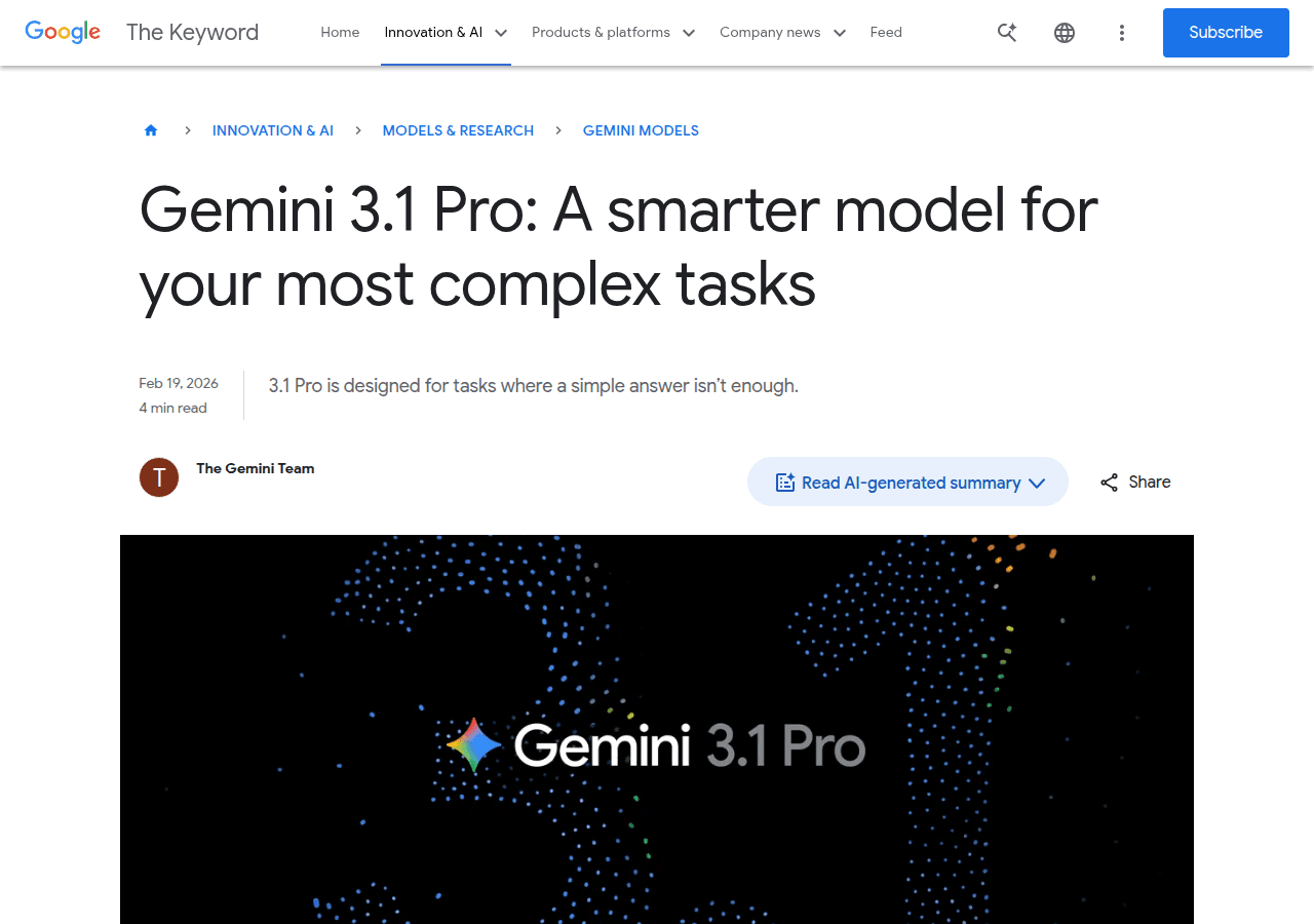 Google's official Gemini 3.1 Pro announcement on The Keyword blog