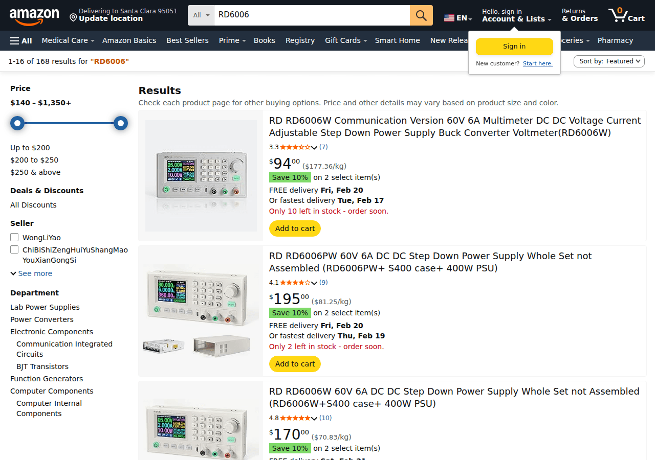 RD6006 DC-DC buck converter bench power supply module with WiFi logging, 10mV output regulation, and working current limit