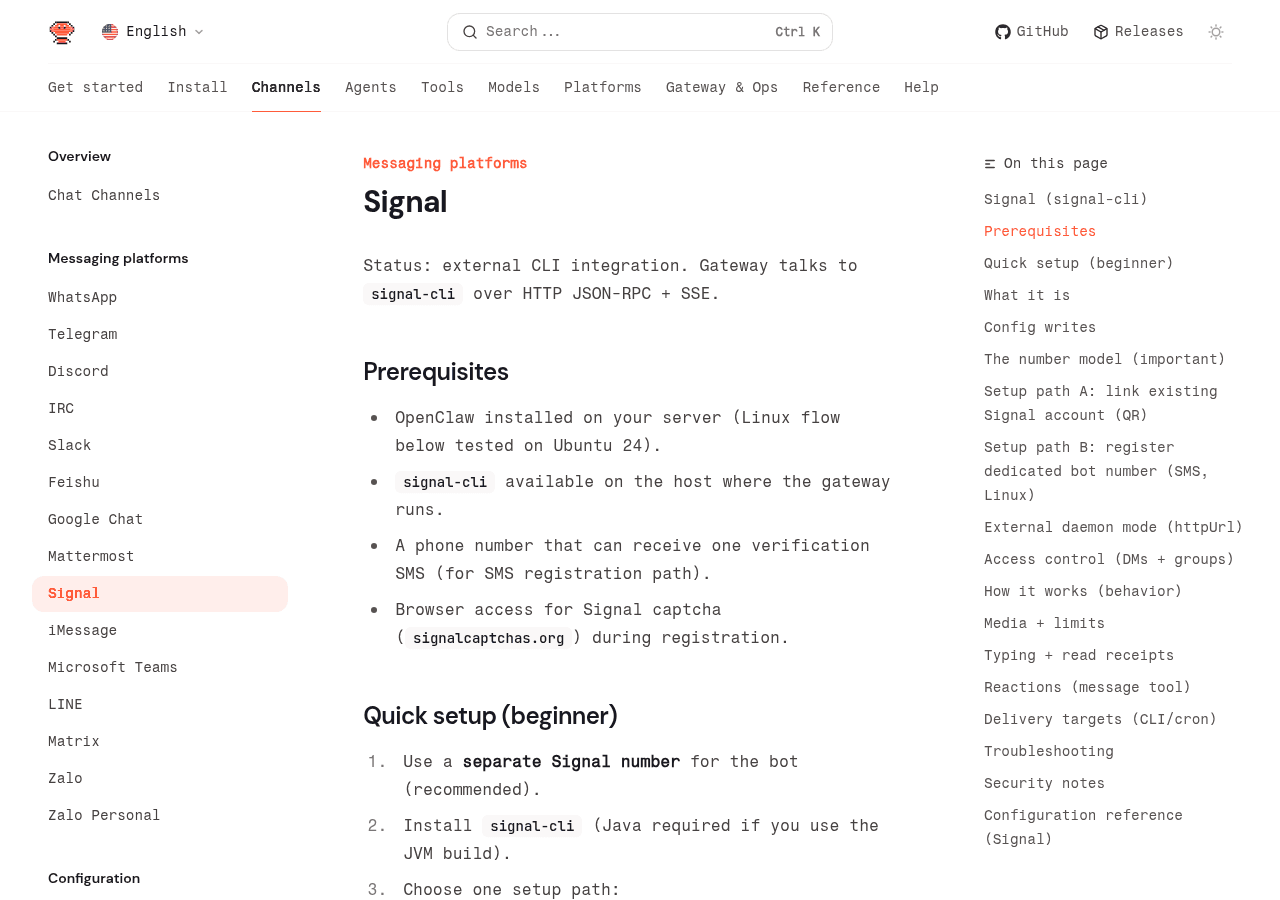 OpenClaw documentation for the Signal channel configuration options