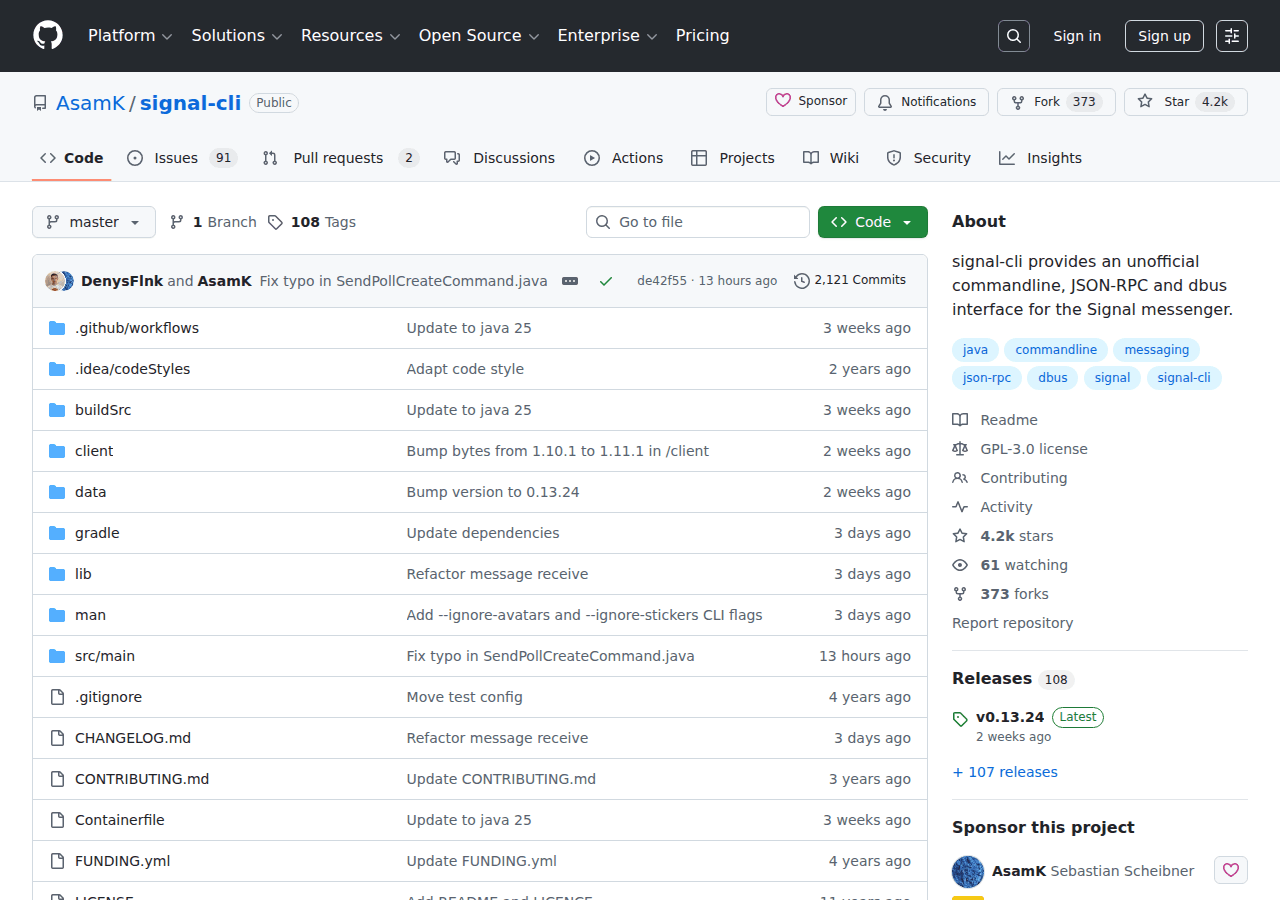 signal-cli GitHub repository showing the README with installation instructions