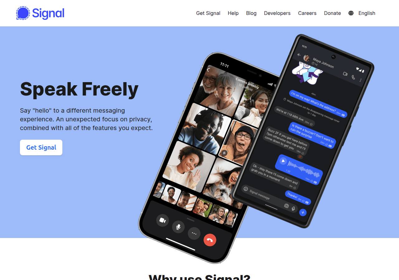 Signal.org homepage showing the privacy-first messaging app with end-to-end encryption badge