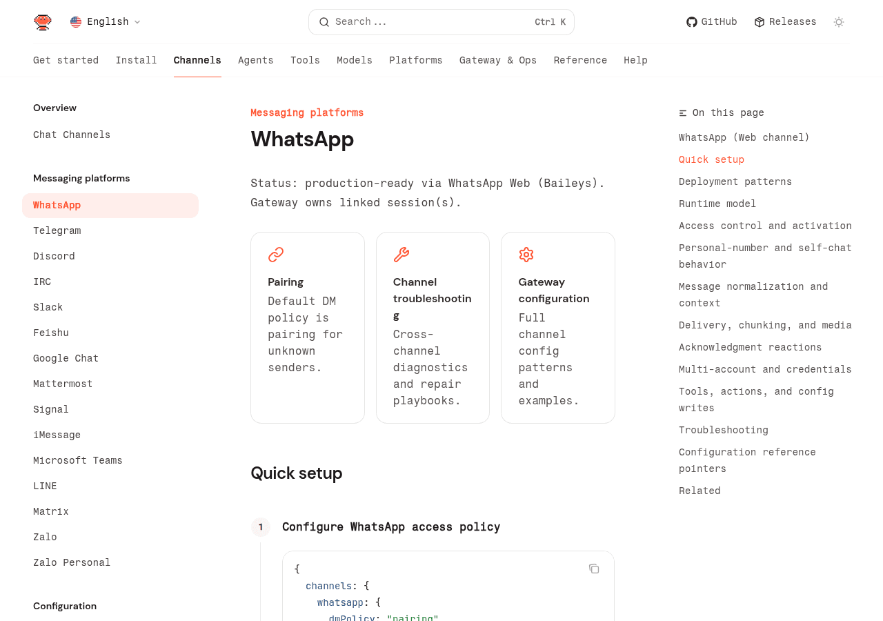 OpenClaw WhatsApp channel documentation showing configuration reference