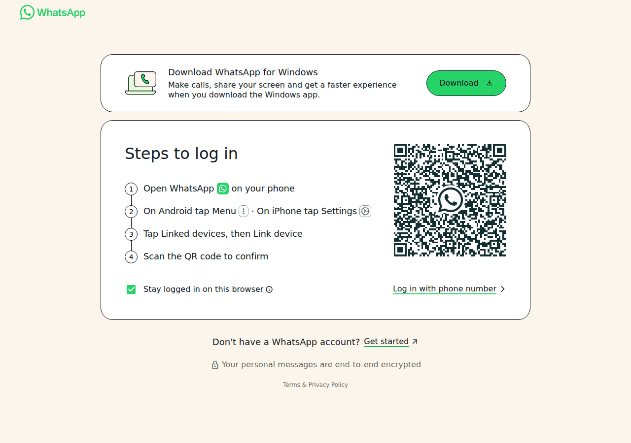 WhatsApp Web interface showing the QR code scan screen for linking a new device