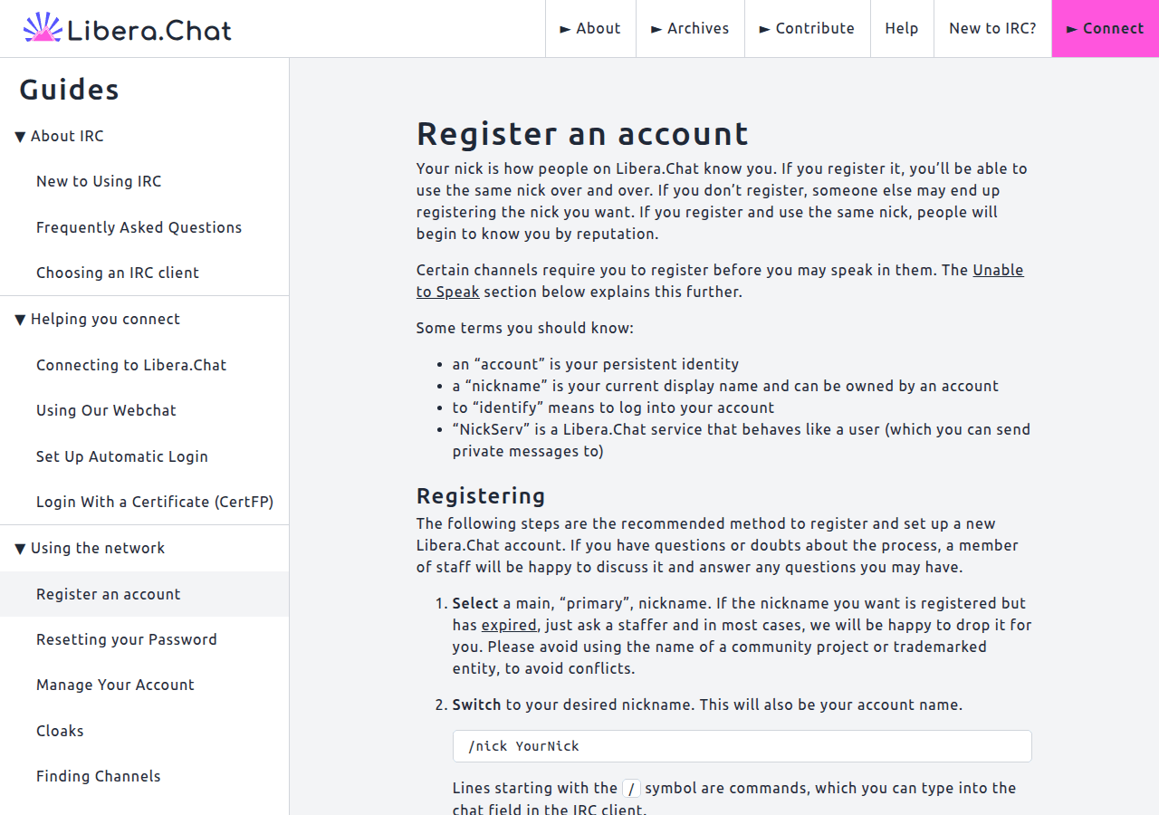 Libera.Chat nick registration guide showing NickServ commands and verification steps