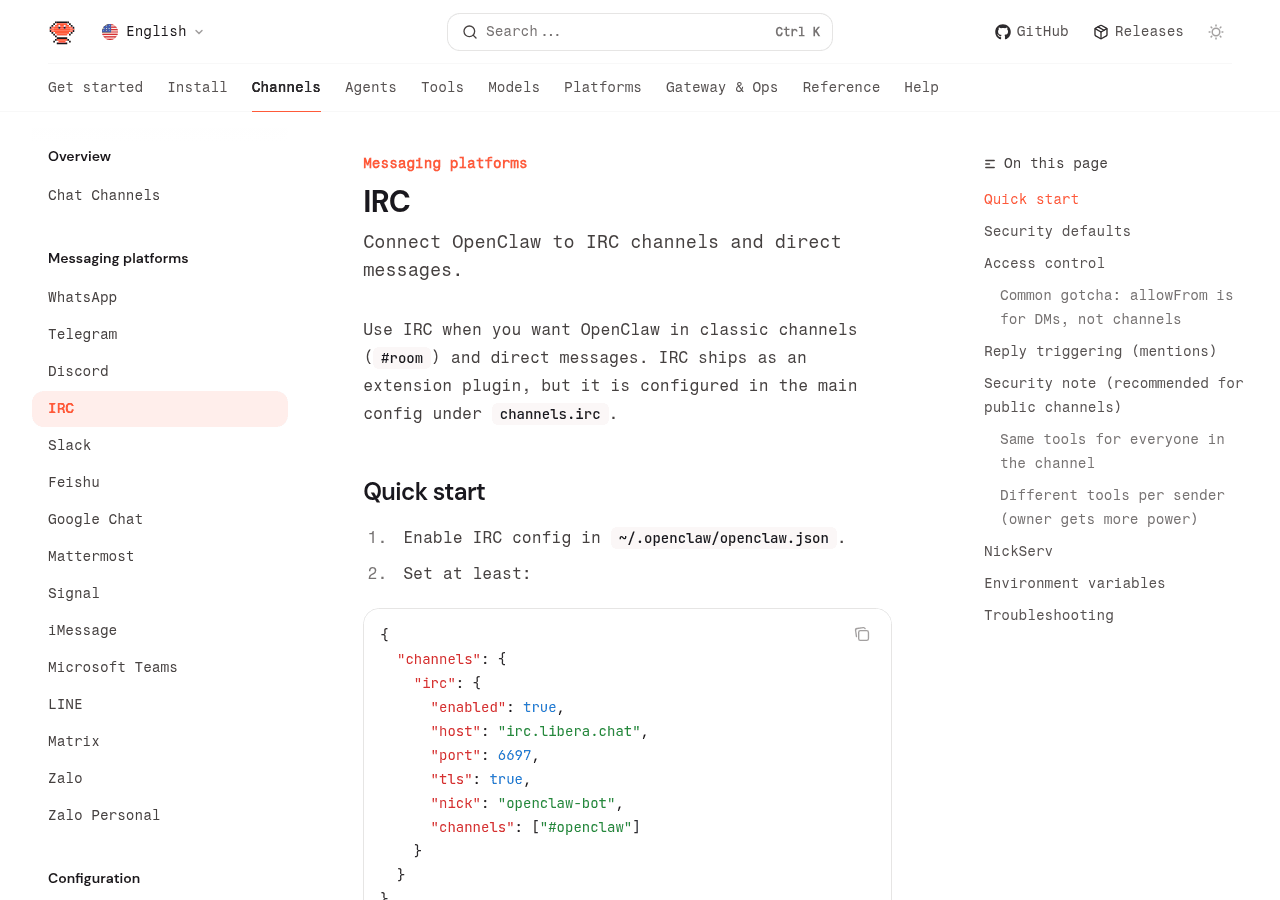 OpenClaw IRC channel documentation showing configuration reference and access control details