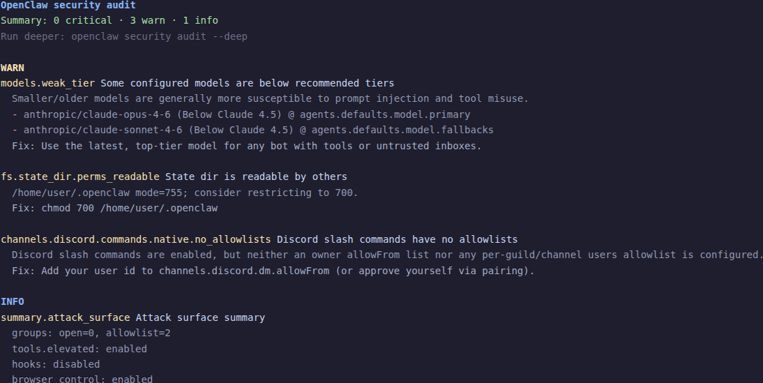 openclaw security audit output showing summary and findings