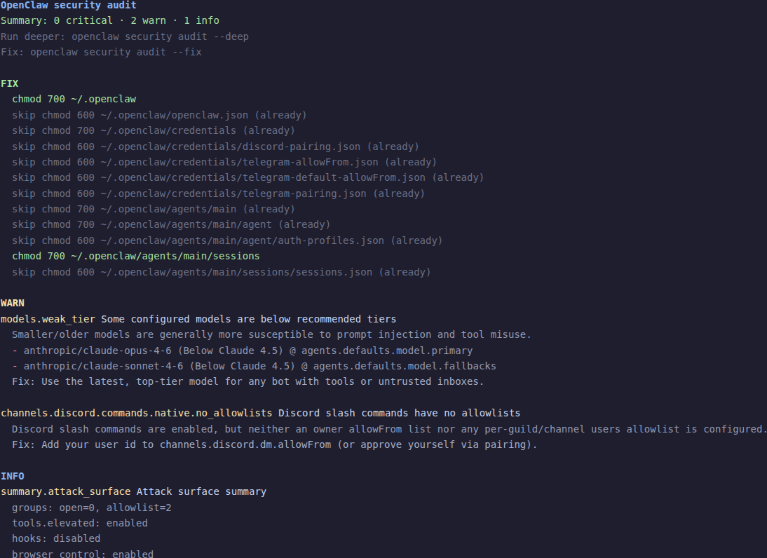 openclaw security audit --fix output showing chmod actions and remaining warnings