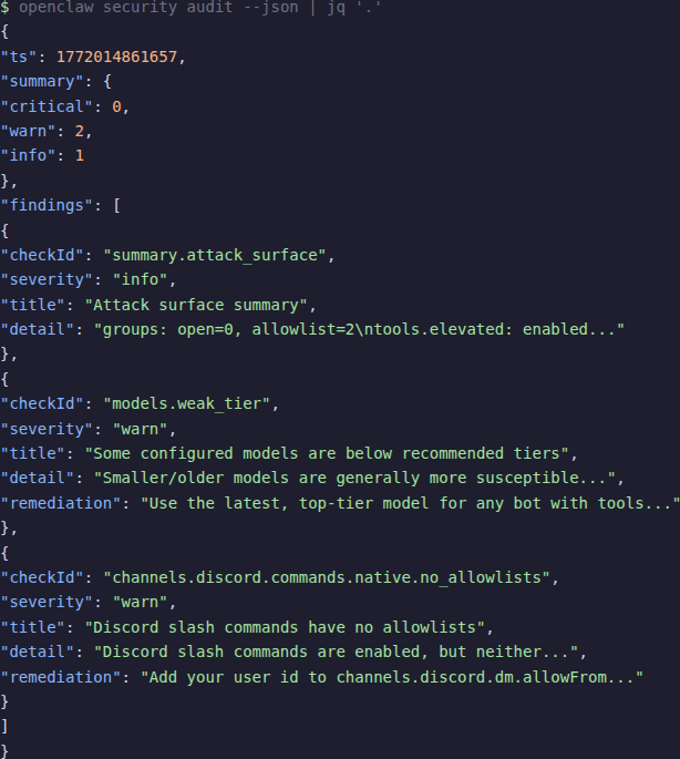 openclaw security audit --json output piped through jq