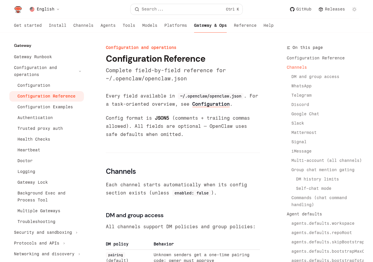 OpenClaw gateway configuration reference documentation page showing channel settings and options